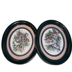 Pair Vintage Hummingbird Oval Framed Matted Print Pink Green 11" Boho Chic Femme